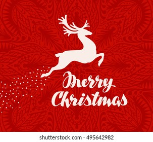 Merry Christmas greeting card. Silhouette of flying deer. Vector illustration