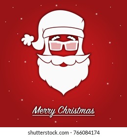 Merry Christmas greeting card with silhouette of head Santa Claus in striped sunglasses or glasses with hat and beard. Template for winter holiday banner and poster. Vector illustration.