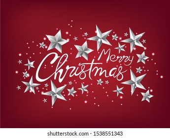 Merry christmas greeting card with silver stars, handwritten text and sparkles. Red background vector