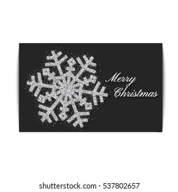 Merry Christmas greeting card.  Silver snowflake with glitter sequins.