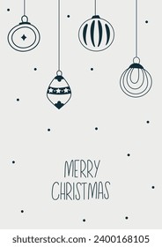 Merry Christmas greeting card with simple balls and  lettering. Hand drawn vector