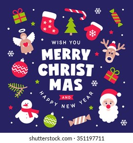 Merry christmas greeting card in simple vector style