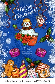 Merry Christmas greeting card sketch design of snowman and Santa gifts, Christmas tree and New Year decoration wreath. Vector ribbon and golden bell garland of balls, stars and bells winter holidays