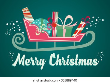 Merry Christmas Greeting card with sleigh and bunch of gifts, vector illustration, 
New Year's surprise . Beautiful card