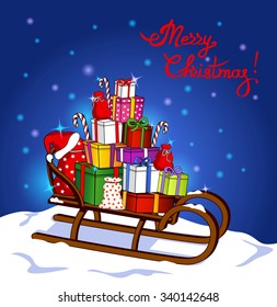 Merry Christmas Greeting Card with Sleigh and Presents Gifts
