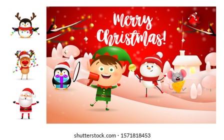Merry Christmas greeting card with smiling elf. Lettering with decorations can be used for invitation and greeting card. Holiday concept