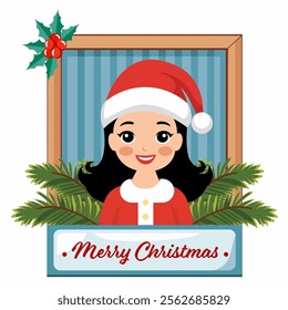 Merry Christmas Greeting Card with Smiling Girl in Santa Hat Inside Frame Decorated by Fir Leaves on White Background.