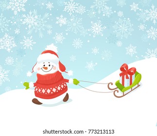 Merry Christmas greeting card. Smiling snowman in sweater with gift on sled. Funny winter vector illustration with snowy sky on background. Happy holidays postcard.