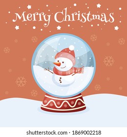 Merry Christmas greeting card with snow globe. vector illustration