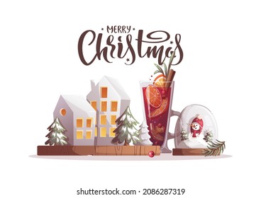 Merry Christmas greeting card. Snow globe with snowman, decorative houses, mulled wine. Vector illustration for poster, banner, cover, card, postcard.