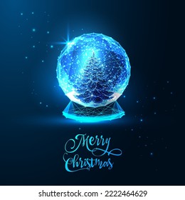 Merry Christmas greeting card with snow globe and Christmas tree on dark blue night background. Futuristic glowing low polygonal style. Modern abstract connection design vector illustration