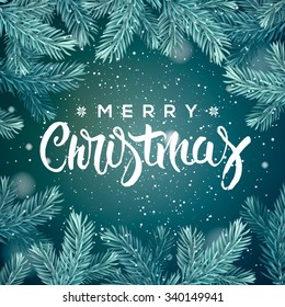 Merry Christmas greeting card, with snow and fir twigs, vector illustration.