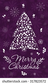Merry Christmas Greeting Card with snowflakes and christmas tree. Hand drawn winter holiday design for fabric, wrapping paper, greeting cards, invitation, stationery. Seamless pattern is masked.