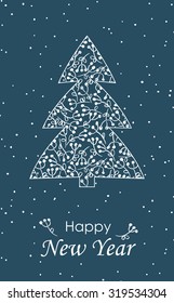Merry Christmas Greeting Card with snowflakes and Christmas tree. Hand drawn winter holiday design for fabric, wrapping paper, greeting cards, invitation, stationery. Seamless pattern is masked.
