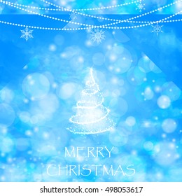 Merry christmas greeting  card with snowflakes and shining Magic Christmas tree. vector illustration.