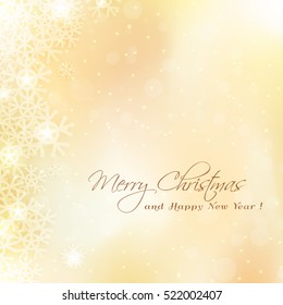 Merry Christmas greeting card with snowflakes shape over golden background.