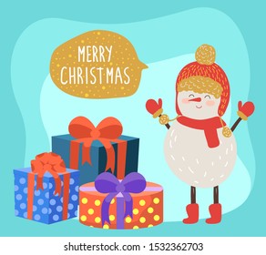 Merry christmas greeting card. Snowman wearing knitted gloves, hat and scarf. Cute winter character on xmas celebration. Pile of gifts in boxes. Decorative packages in wrapping paper vector