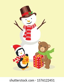 Merry Christmas greeting card with  snowman, penguin, and bear. Cute holiday cartoon character vector. Happy new year.