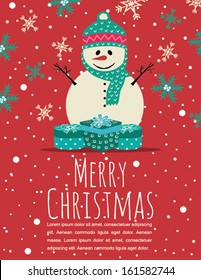 Merry Christmas Greeting Card with Snowman and SnowFlakes on Red Background