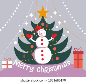 Merry Christmas greeting card with snowman Cute holiday cartoon character vector.