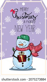 Merry Christmas greeting card with christmas snowman with giftbox, Happy Holidays and New Year cards.