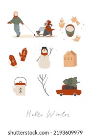 Merry Christmas greeting card.  Snowman, teapot, car with Christmas tree, hot milk, sledding collection. Cute Winter holiday season elements set. Flat cartoon vector illustration isolated on white