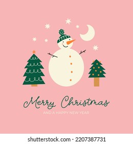 Merry Christmas greeting card with snowman, Christmas trees and hand lettering. Vector illustration