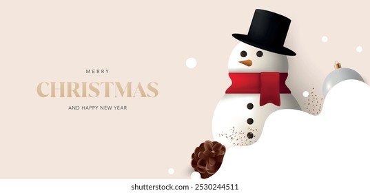 Merry Christmas greeting card with snowman, grey xmas ornaments, pine cone and confetti. Gold Christmas text and beige background. Vector for festive, sale, promo, flayer, website, social media, ads.