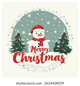 Merry Christmas  greeting card with snowman. Vector illustration.