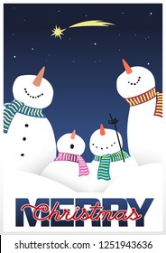 Merry Christmas Greeting Card. Snowmans and Falling Star