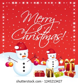 Merry christmas greeting card with snowmen and gifts. vector illustration.