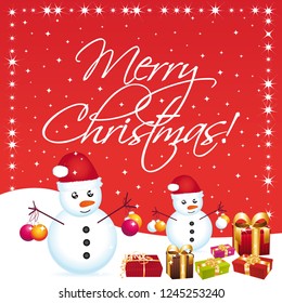 Merry christmas greeting card with snowmen and gifts. Vector illustration.
