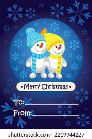 Merry Christmas greeting card, snowmen in love, Ukrainian theme in yellow-blue colors