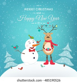 Merry Christmas greeting card with snowmen and deer in vector. Snowy landscape: hills, mountains, forest. White and blue background.