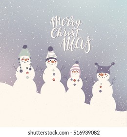 Merry Christmas greeting card with snowmen and hand lettering