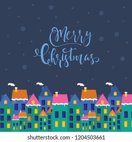 Merry Christmas greeting card with snowy buildings, homes, houses with lettering. Flat style of icons for presents, invitation, children room, nursery decor, interior design.