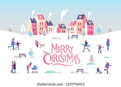 Merry Christmas greeting card. Snowy street. Urban landscape with people. Vector illustration.