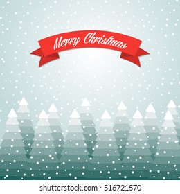 Merry Christmas greeting card with snowy winter trees and snowflakes 