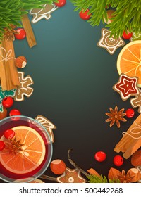 Merry Christmas Greeting Card with space for text. Happy New Year 2017 banner design. Gingerbread cookies, berries, nuts, mulled wine, spices, fir-tree branch.Hand drawn elements,Vector illustration.
