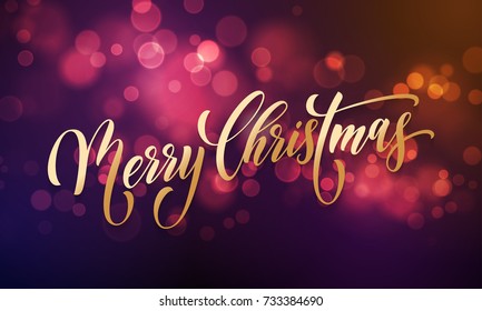 Merry Christmas greeting card of sparkling festive bokeh light background and golden calligraphy lettering wish, Vector festive glitter shine with light effect for Christmas or New Year holiday