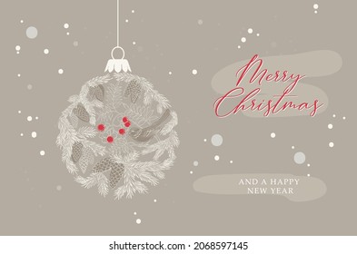 Merry christmas greeting card with spruce branches. Happy new year . Christmas ball.