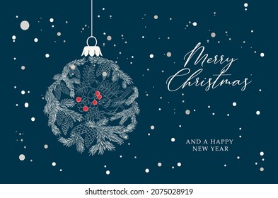 Merry christmas greeting card with spruce branches. Happy new year . Christmas ball.