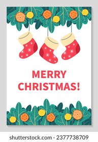 Merry Christmas greeting card. Spruce branches, tangerines and stocking. Hand drawn vector illustration. Winter theme greeting card. Christmas Backgrounds. Flat design.