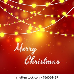 Merry Christmas greeting card with string lights and bokeh background. Vector illustration.