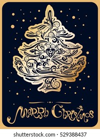 Merry Christmas greeting card. Stylish, cute hand drawn elements for New Year decoration, label, banner, poster, sticker, accessory in vector. Inspirational Winter trendy design. Vintage style