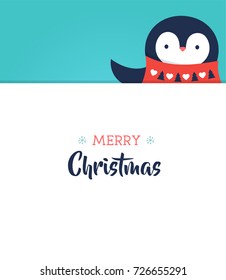 Merry Christmas greeting card with sweet baby penguin