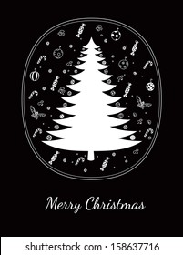 Merry Christmas greeting card with sweets, balls and fays, vector graphic on black 