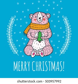 Merry Christmas greeting card with teddy bear and Christmas tree. Vector Illustration card.