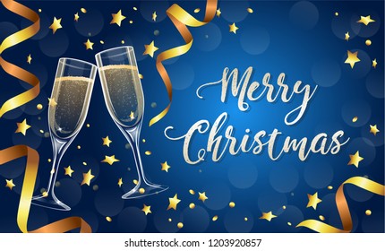 Merry Christmas greeting card template with two realistic champagne glasses, blue background with gold festive ribbons and confetti. Vector illustration