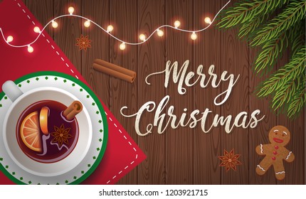 Merry Christmas greeting card template with realistic cup of mulled wine, christmas tree branches, party lights. Vector illustration 